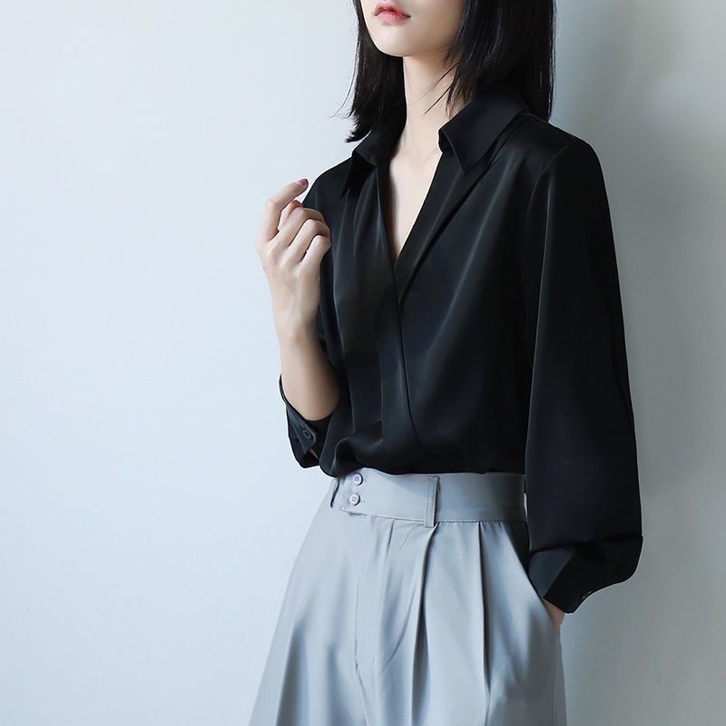 Embroidery Online - Gidyq-Camisas pretas de chiffon para mulheres,