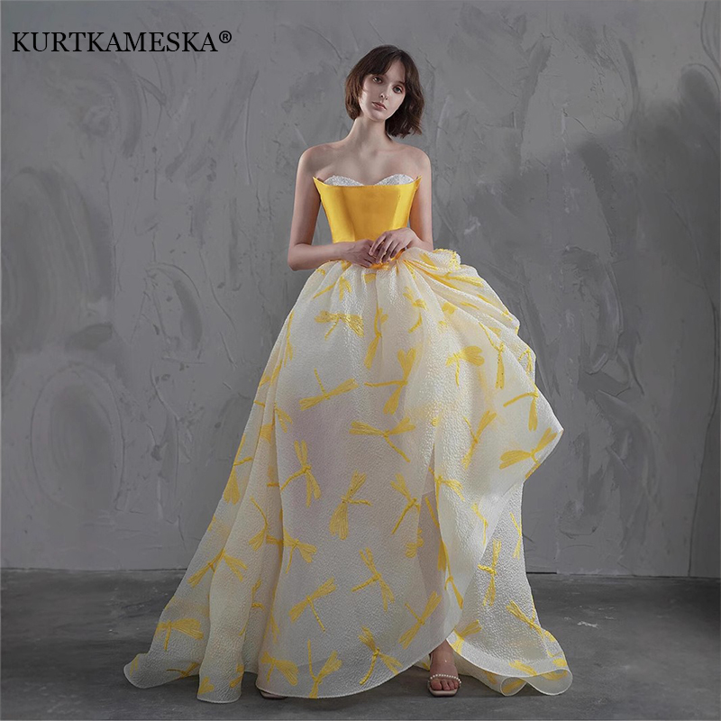 Embroidery Yellow Dress - Vestido de Festa Longo Elegante em