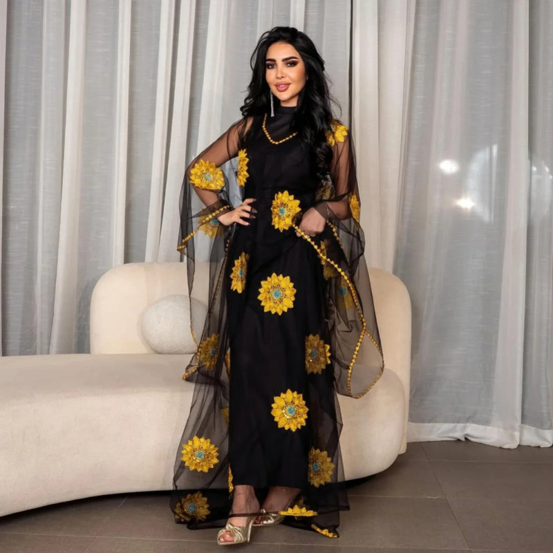 Embroidery Yellow Dress - Vestido Maxi Floral Bordado para Mulheres,